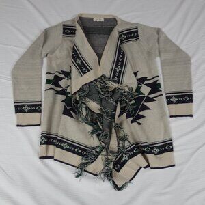 Bo Bel Beige with Dark Green and Fringe Cardigan Sweeter WOMENS MEDIUM K897